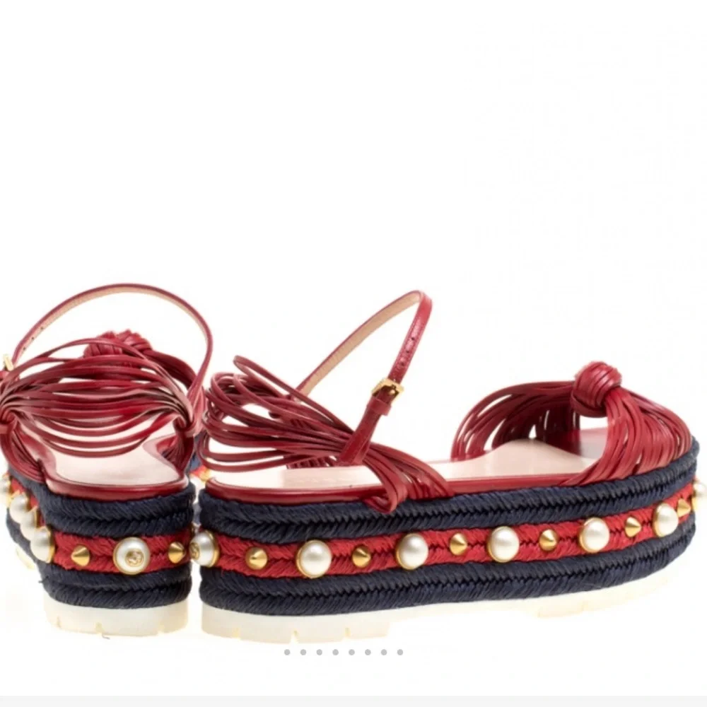 Gucci Red Leather Barbette Knot, Ankle‎ Strap Espadrille Platform Sandals, 41.5